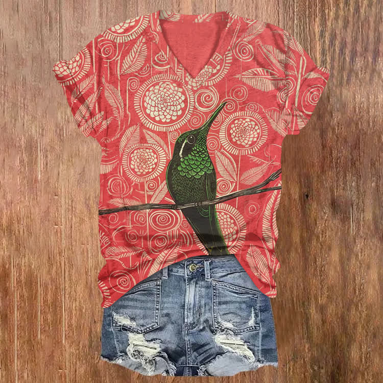 Vintage Geometric Flowers And Birds Pattern Print Short Sleeved V-Neck T-Shirt - Red - US32-34(5XL) - image 1