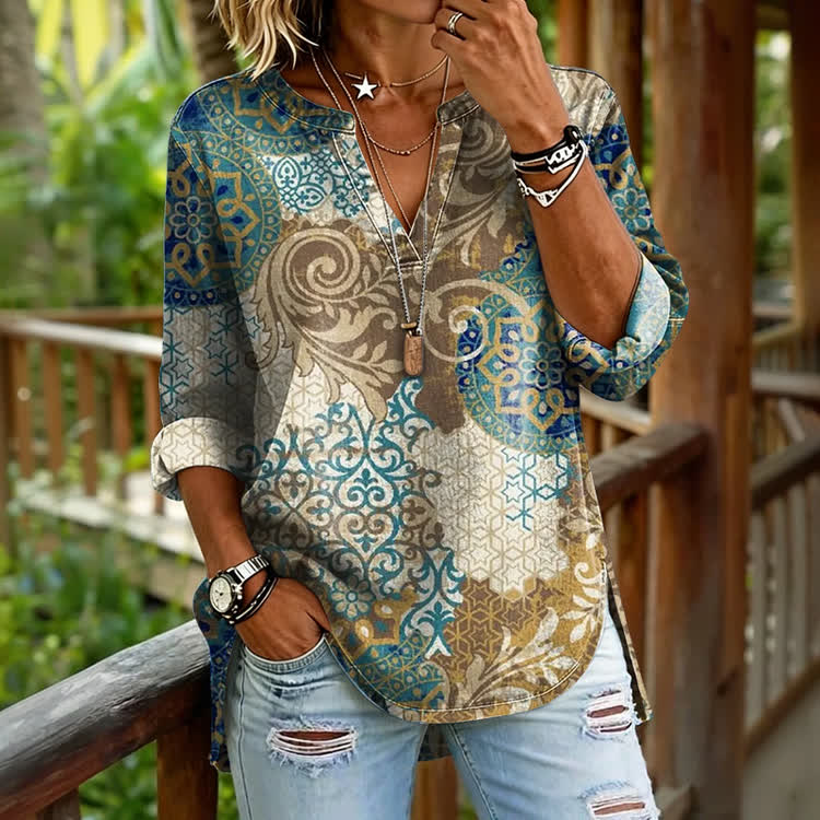 Boho Fusion Of Ethnic Pattern Print Long Sleeve Casual Blouse - Green - US 30 (8XL) - image 1
