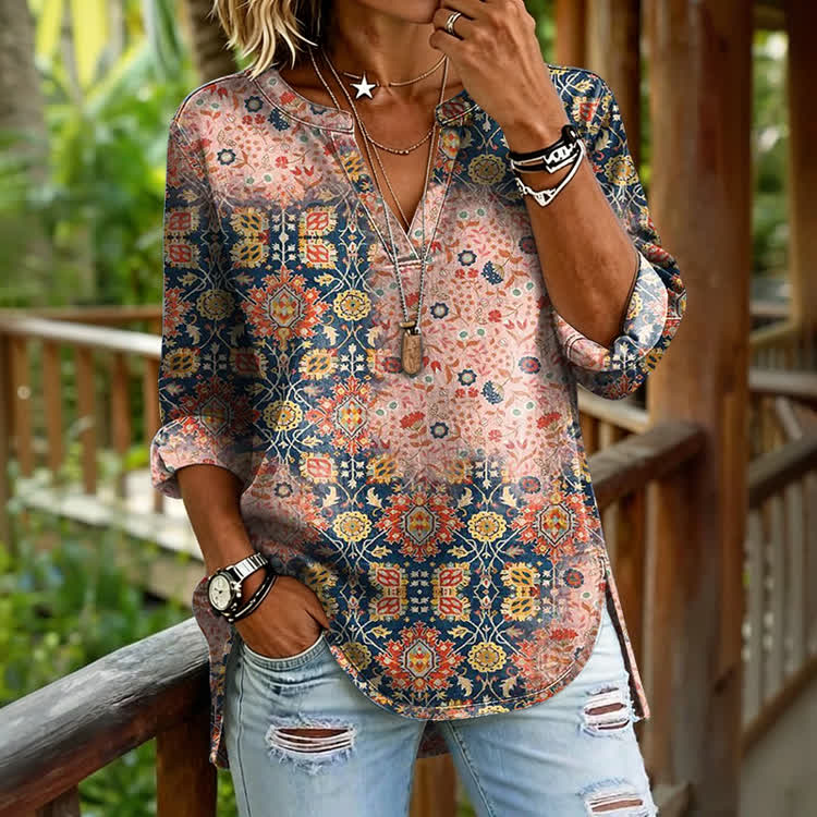 Boho Ethnic Totem Floral Gradient Pattern Print Long Sleeve Casual Blouse - Pink - US 30 (8XL) - image 1