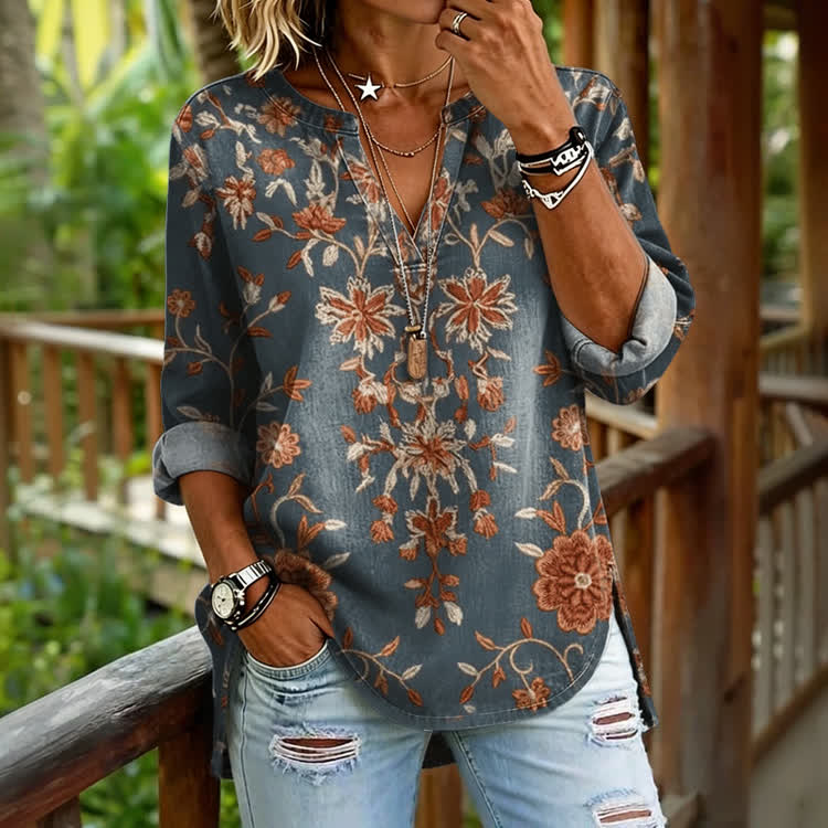 Boho Symmetrical Line-Stitch Flowers Patterns Print Long Sleeve Casual Blouse - Blue - US 30 (8XL) - image 1