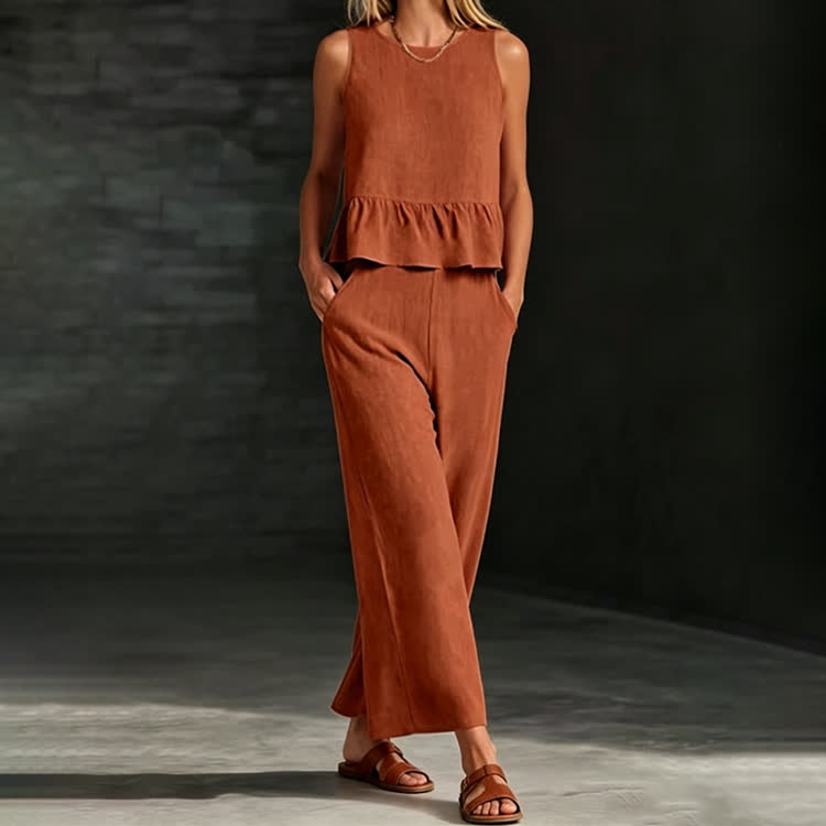 Elegant Solid Round-neck Back Buttons Ruffles Reversible Sleeveless Top & Pants Set - Orange - 3XL - image 1