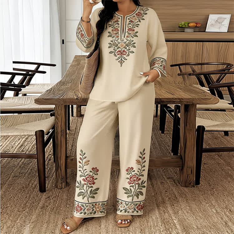 Boho Ethnic Floral Patterns Print Notched Collar Long-sleeve Blouse & Wide-legs Pants Set - Apricot - 5XL - image 1