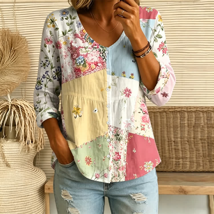 Cottagecore Multicolor Floral Print Button V-neck A-line Long Sleeve Blouse - image 1