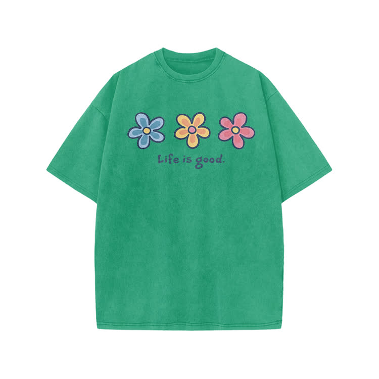 Sunny Bloom Life Is Good Print Acid Washed T-shirt - Green - US20-22(3XL) - image 1