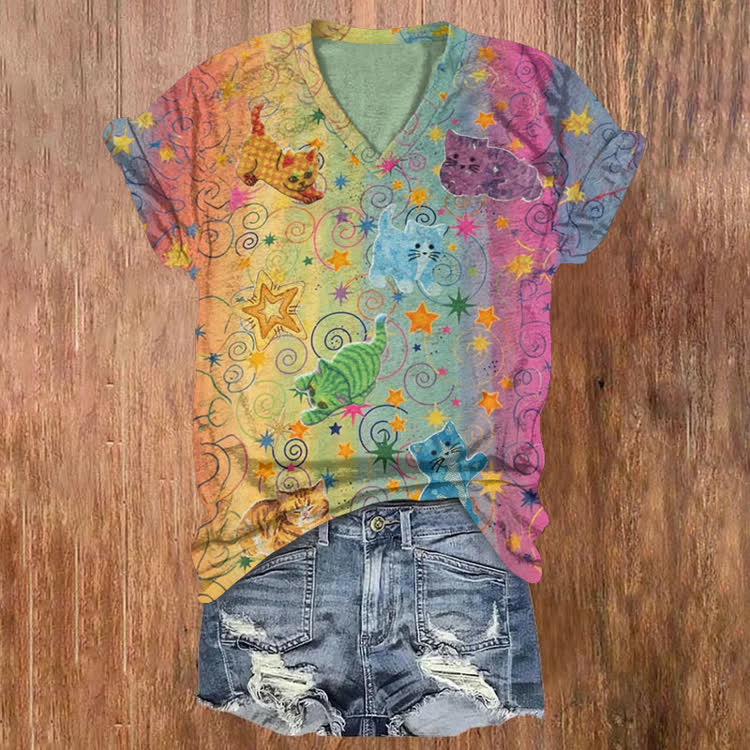 Rainbow Hippie Gradient Kitties Pattern Print Short Sleeved V-Neck T-Shirt - Light Green - US32-34(5XL) - image 1