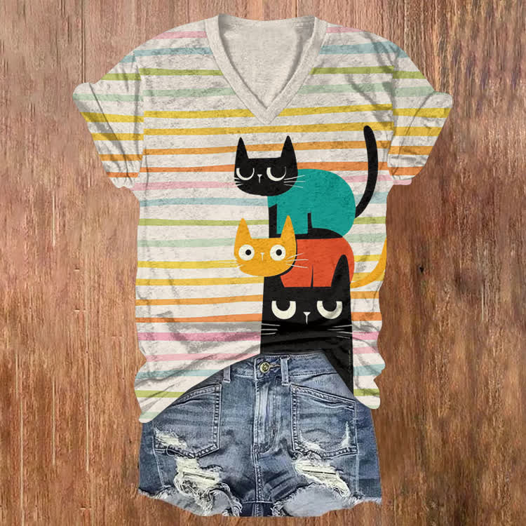Rainbow Stripes And Stacked Cats Pattern Print Short Sleeved V-Neck T-Shirt - Apricot - US32-34(5XL) - image 1
