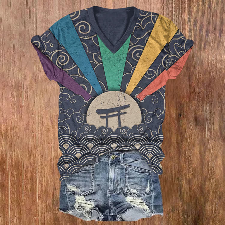 Rainbow Light Waves And A Torii Gate Pattern Print Short Sleeved V-Neck T-Shirt - Dark Blue - US32-34(5XL) - image 1