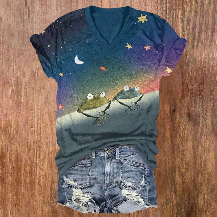 Rainbow Galaxy And Two Frogs Pattern Print Short Sleeved V-Neck T-Shirt - Dark Blue - US32-34(5XL) - image 1