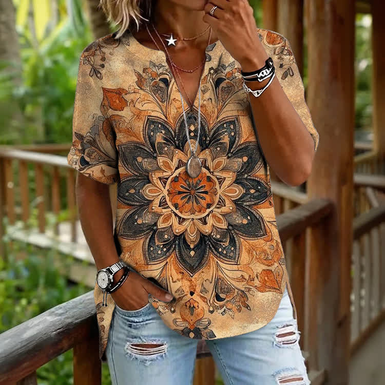 Boho Vintage Mandala Print Short Sleeve Casual Blouse - Khaki - 5XL - image 1