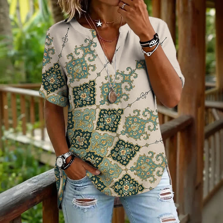 Vintage Damask-inspired Print Short Sleeve Casual Blouse - Beige - 5XL - image 1