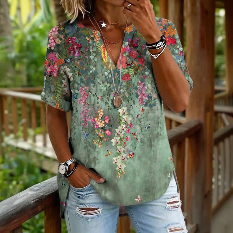 Boho Nature-inspired Floral & Butterfly Print Short Sleeve Casual Blouse - Green - 5XL - image 1