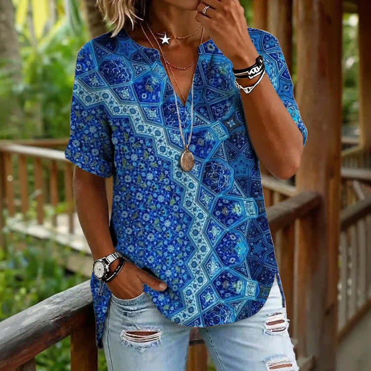 Boho Geometric Mosaic Print Short Sleeve Casual Blouse - Royal Blue - 5XL - image 1