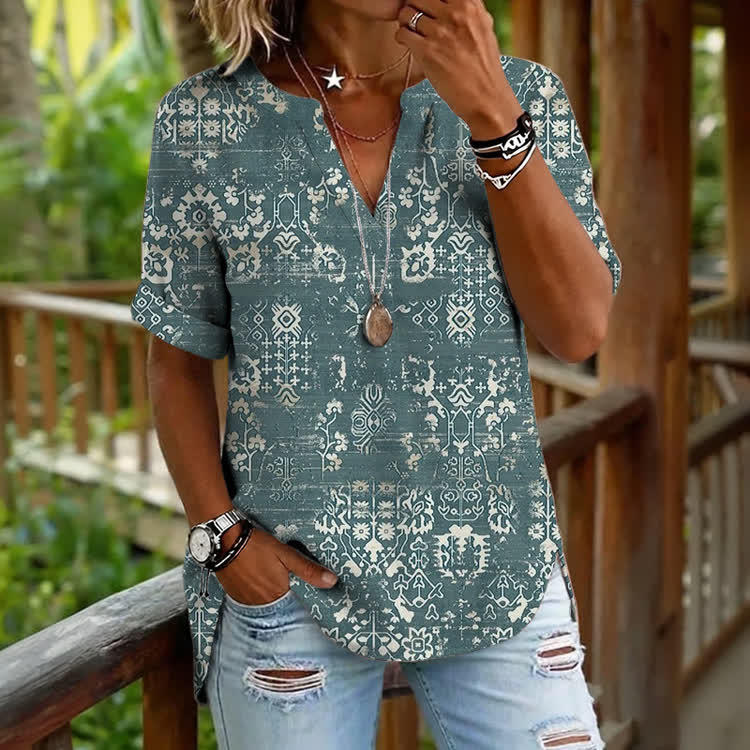 Ladies Ethnic Pattern Print Short Sleeve Casual Blouse - Green - 5XL - image 1