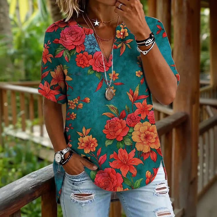 Boho Tropical Flower Print Short Sleeve Casual Blouse - Blue - 5XL - image 1