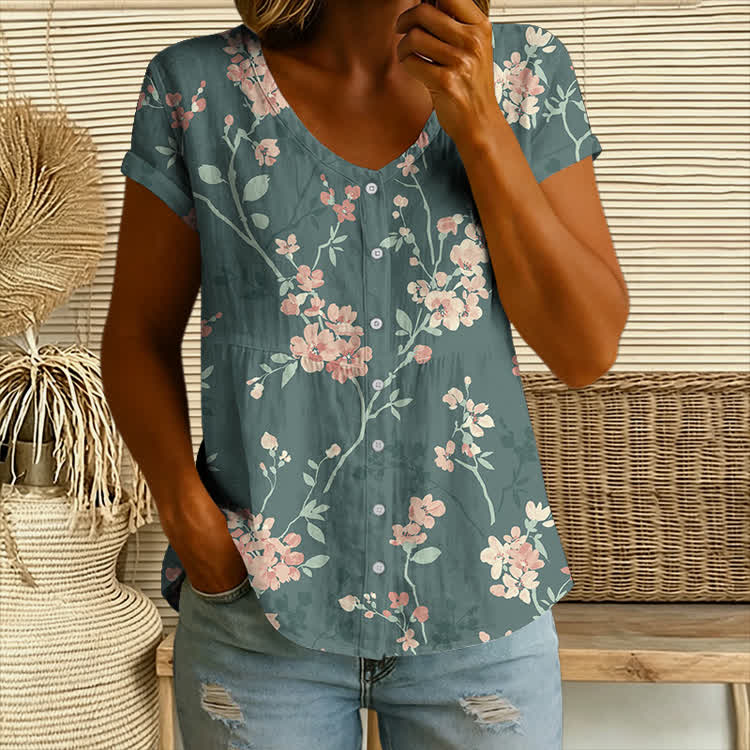 Watercolor Spring Plum Blossoms Pattern Print Button V-Neck A-line Short-Sleeve Blouse - Dark Green - 4XL - image 1