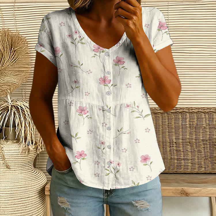 Romantic Pastoral Flowers Pattern Print Button V-neck A-line Short-sleeve Blouse - Apricot - 4XL - image 1