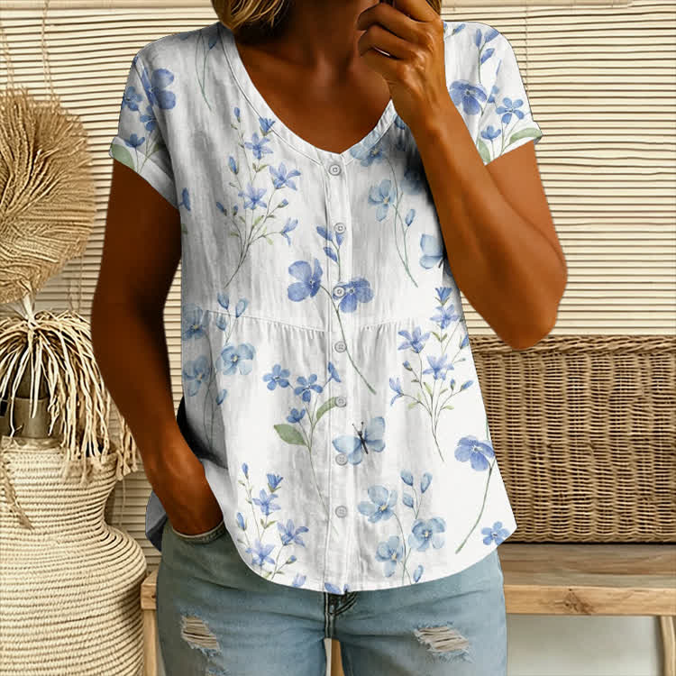 Watercolor Pastoral Flowers Pattern Print Button V-neck A-line Short-sleeve Blouse - Light Blue - 4XL - image 1