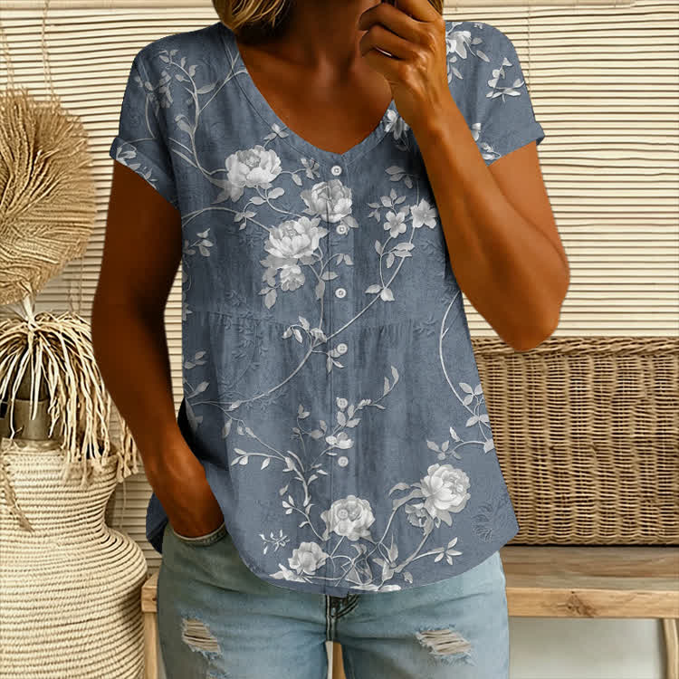Floral Vine Jacquard Pattern Print Button V-neck A-line Short-sleeve Blouse - Blue - 4XL - image 1