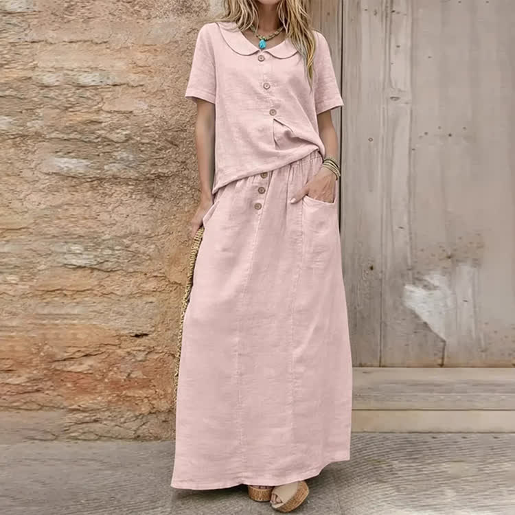 Elegant Solid Buttons Short Sleeve Peter Pan Collar Blouse & Solid Pocket Buttons Skirt Set - Pink - 3XL - image 1