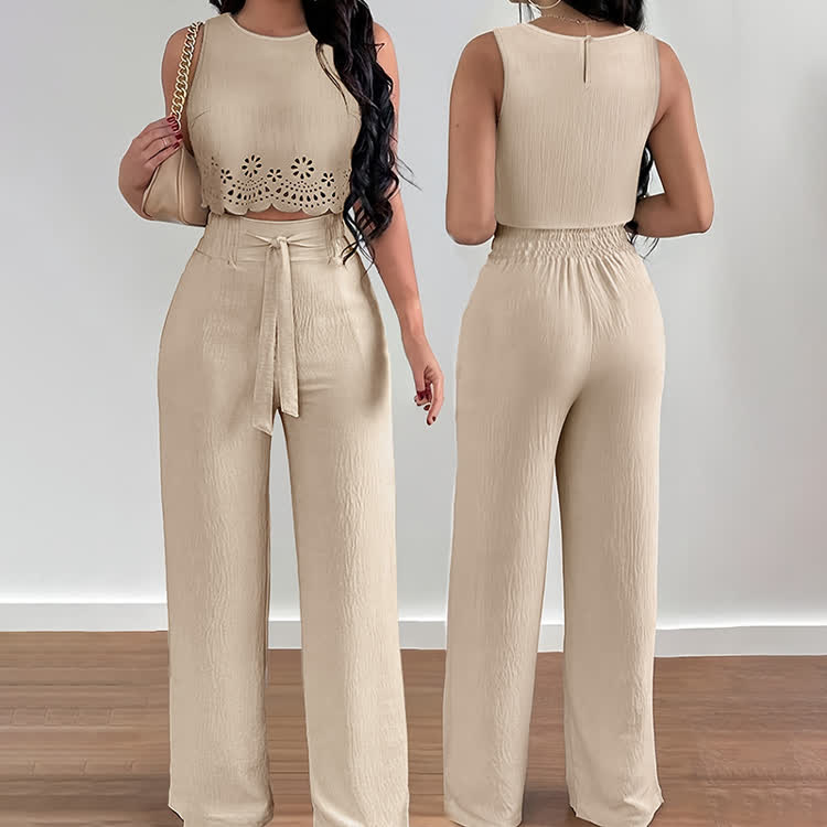 Elegant Solid Burnout Cutwork Round-neck Sleeveless Top & Lacing Pants Set - image 1