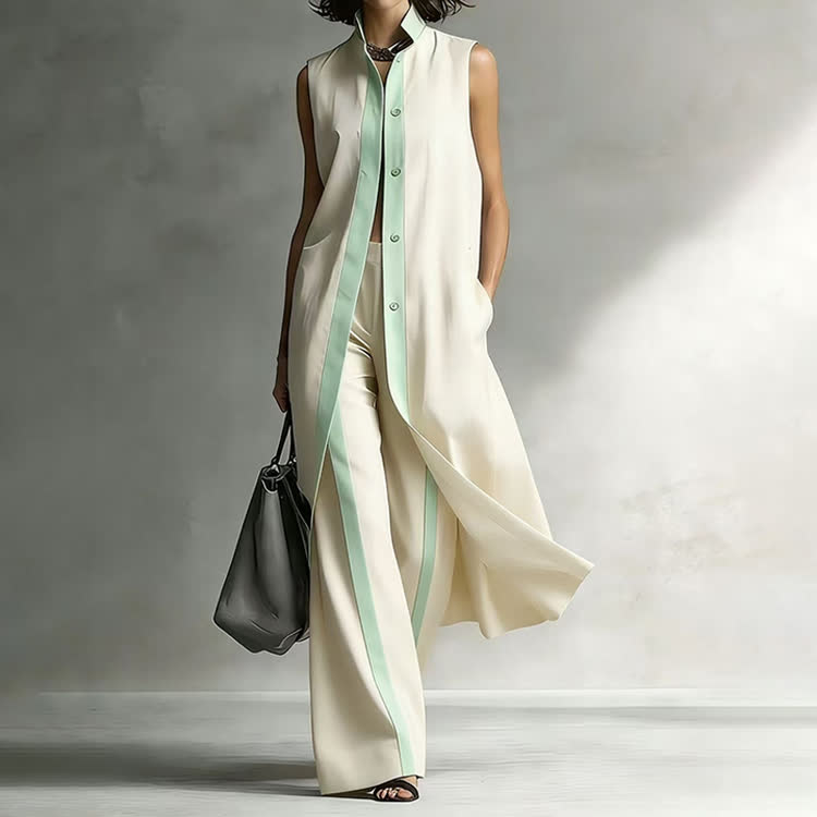Elegant Solid Color-block Lapel Sleeveless  Pocket Long Cardigan Top &  Pants Set - Apricot - 3XL - image 2