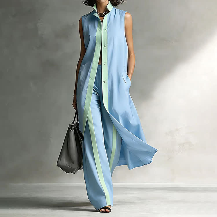 Elegant Solid Color-block Lapel Sleeveless  Pocket Long Cardigan Top &  Pants Set - Sky Blue - 3XL - image 1