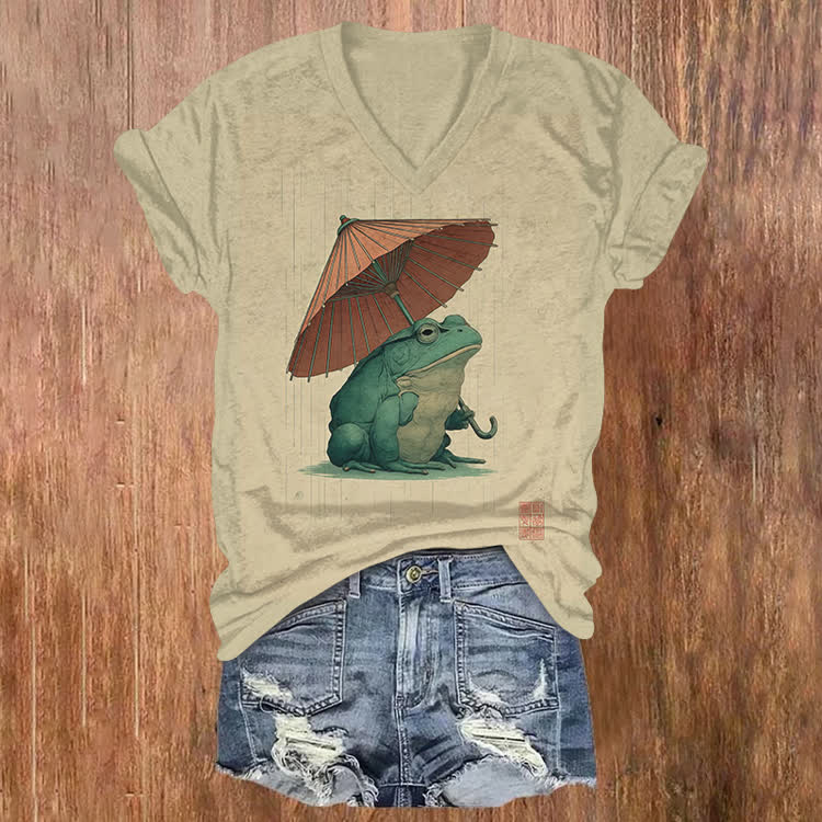 Japanese-inspired Rainy Frog Print Short Sleeved V-neck T-shirt - Apricot - US32-34(5XL) - image 1