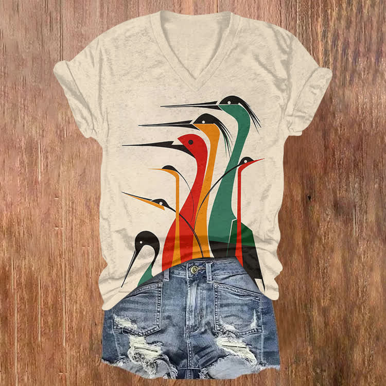 Abstract Colorful Crane Print Short Sleeved V-neck T-shirt - Apricot - US32-34(5XL) - image 1