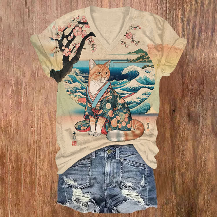 Ukiyo-e Kimono Cat & Great Wave Print Short Sleeved V-neck T-shirt - Apricot - US32-34(5XL) - image 1