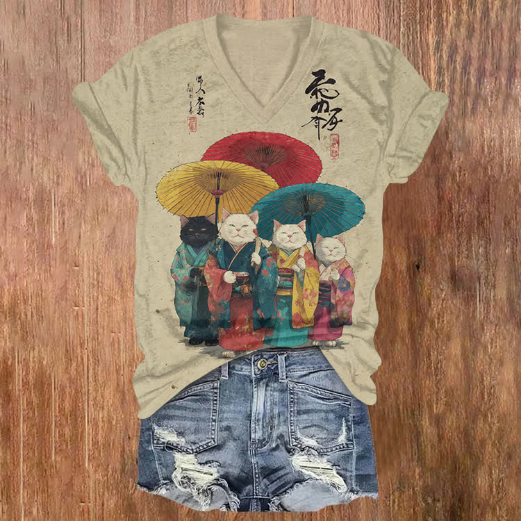 Vintage Geisha Cats & Kanji Print Short Sleeved V-neck T-shirt - Apricot - US32-34(5XL) - image 1