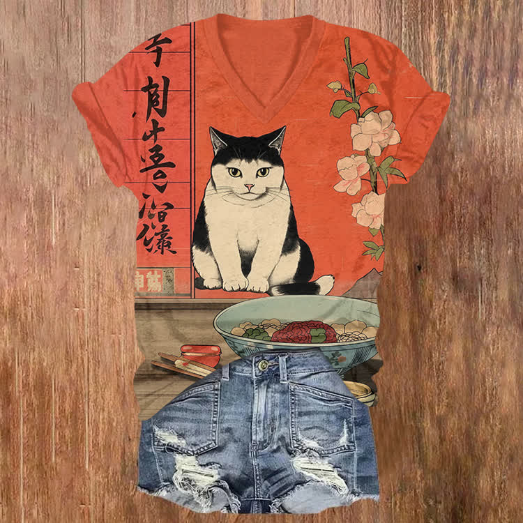 Japanese Kanji & Flower Cat Print Short Sleeved V-neck T-shirt - Orange - US32-34(5XL) - image 1