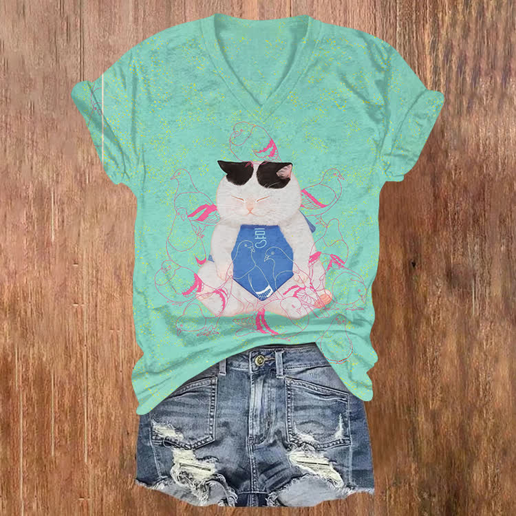 Chill Cat With Pigeon Sketches Print Short Sleeved V-neck T-shirt - Blue - US32-34(5XL) - image 1