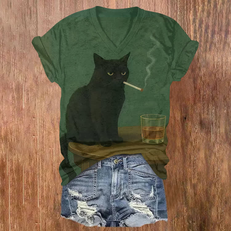 Moody Black Cat With Cigarette Print Short Sleeved V-neck T-shirt - Dark Green - US32-34(5XL) - image 1