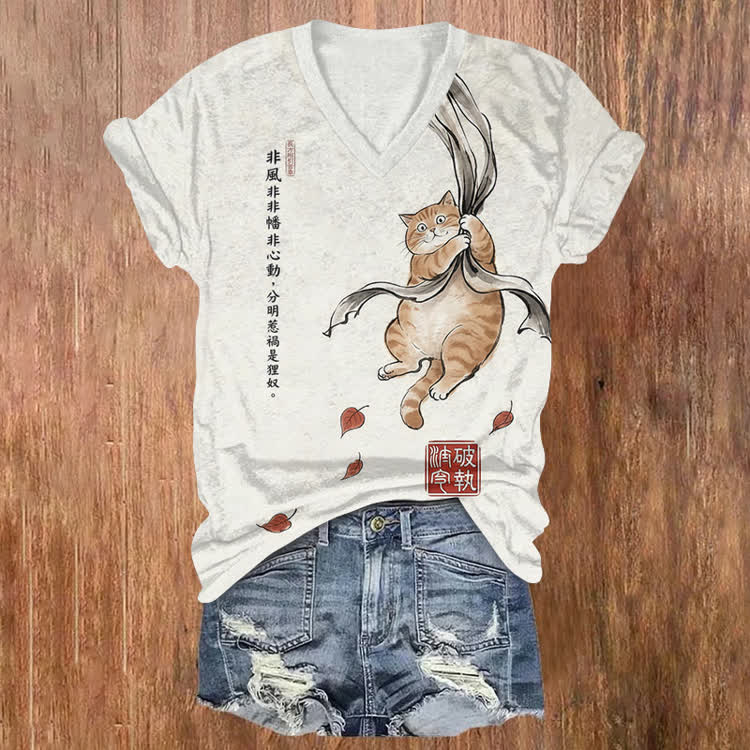 Traditional Chinese Cat Print Short Sleeved V-neck T-shirt - White - US32-34(5XL) - image 1