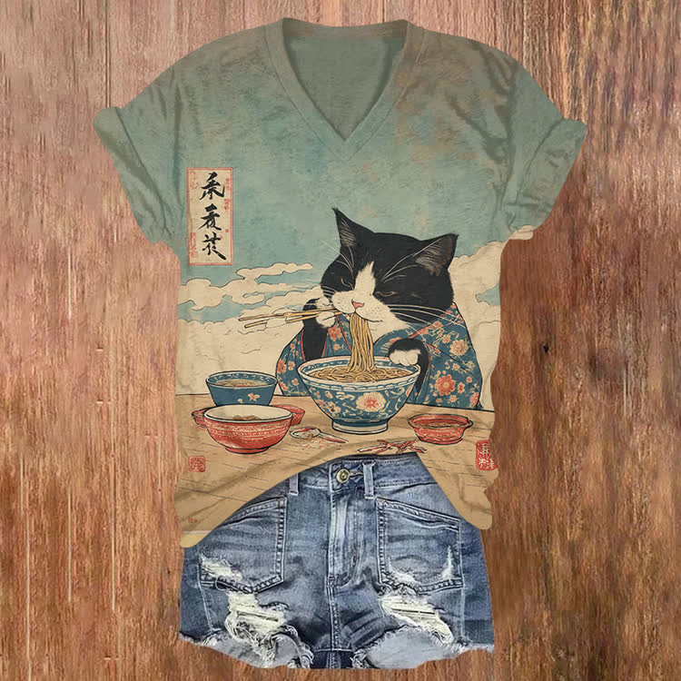 Japanese Art Kimono Cat & Noodles Print Short Sleeved V-neck T-shirt - Blue - US32-34(5XL) - image 1