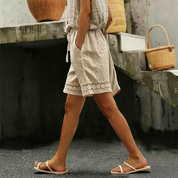 Cozy Solid Texture Lace Splicing Large Pockets Short Pants  - Apricot - 2XL - image 1