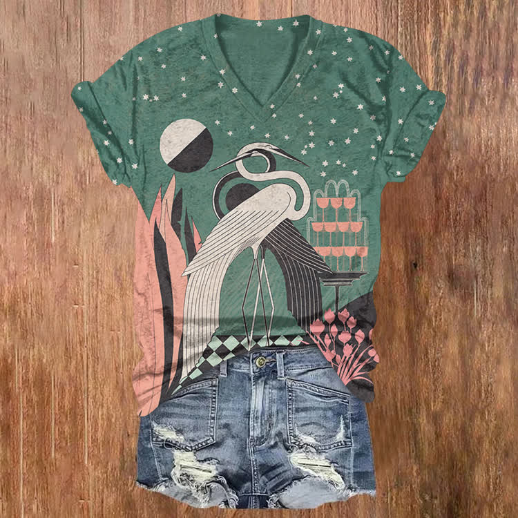 Japanese Vintage Embracing Cranes Pattern Print Short Sleeved V-Neck T-Shirt - Green - US32-34(5XL) - image 1