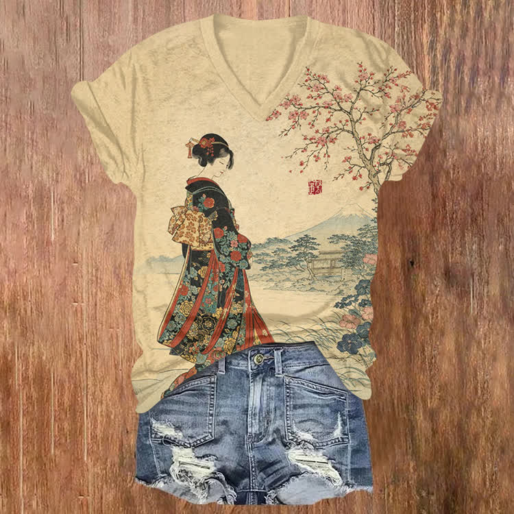 Japanese Vintage Kimono Oiran Pattern Print Short Sleeved V-Neck T-Shirt - Apricot - US32-34(5XL) - image 1