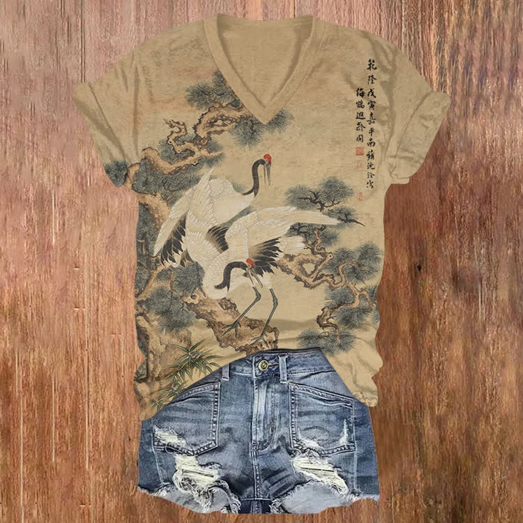 Japanese Vintage Poem Crane Pattern Print Short Sleeved V-Neck T-Shirt - Apricot - US32-34(5XL) - image 1