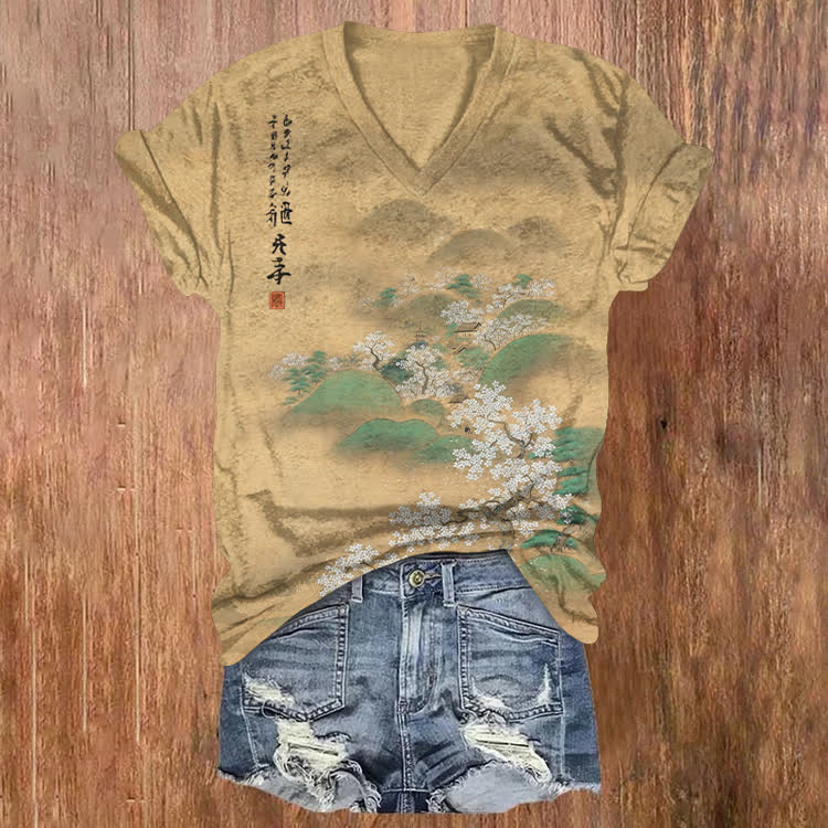 Vintage Cherry Blossom Wilderness Pattern Print Short Sleeved V-Neck T-Shirt - Apricot - US32-34(5XL) - image 1