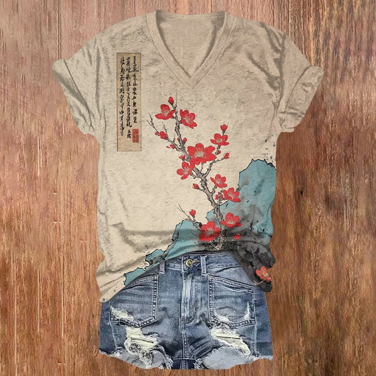 Vintage Red Plum On The Rocks Pattern Print Short Sleeved V-Neck T-Shirt - Apricot - US32-34(5XL) - image 1