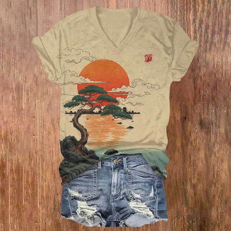 Vintage Sunrise And Pine Trees Pattern Print Short Sleeved V-Neck T-Shirt - Apricot - US32-34(5XL) - image 1
