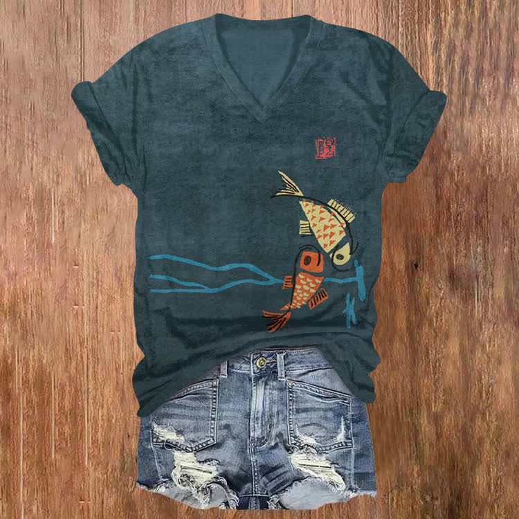 Vintage Japanese Woodblock Print: Twin Fish Pattern Print Short Sleeved V-Neck T-Shirt - Dark Blue - US32-34(5XL) - image 1