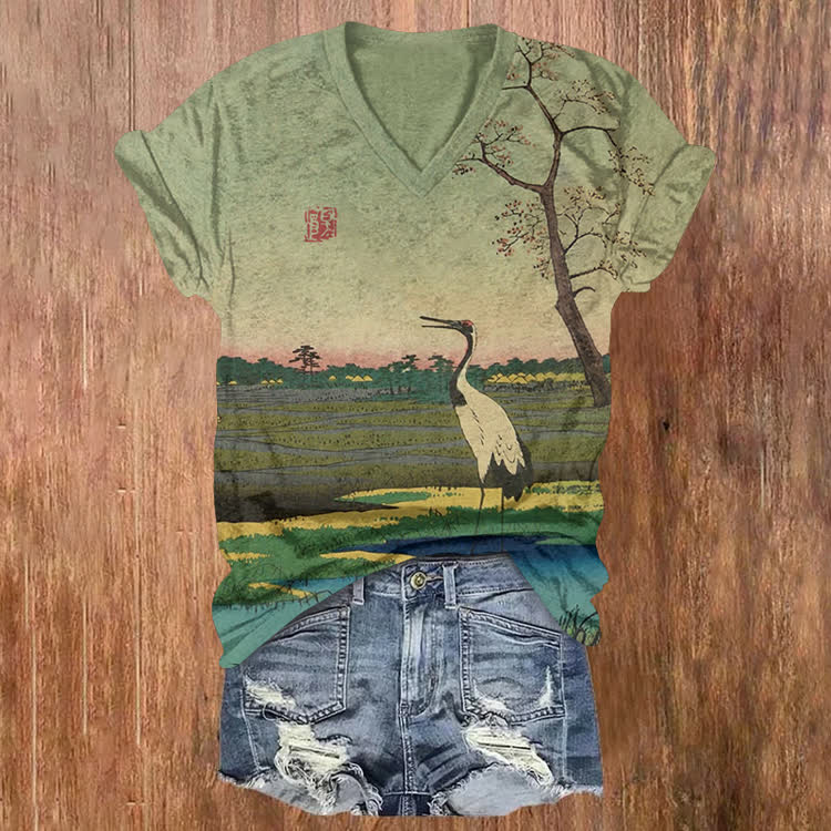 Vintage Japanese Classical Painting Of Cranes Pattern Print Short Sleeved V-Neck T-Shirt - Green - US32-34(5XL) - image 1