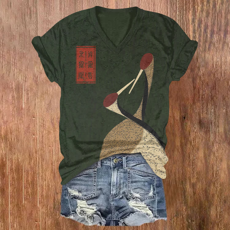 Vintage Japanese Two Red-Crowned Cranes Pattern Print Short Sleeved V-Neck T-Shirt - Green - US32-34(5XL) - image 1