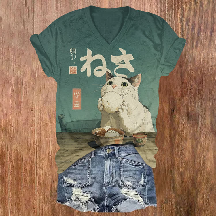 Japanese The Cat Eating A Rice Ball Pattern Print Short Sleeved V-Neck T-Shirt - Green - US32-34(5XL) - image 1