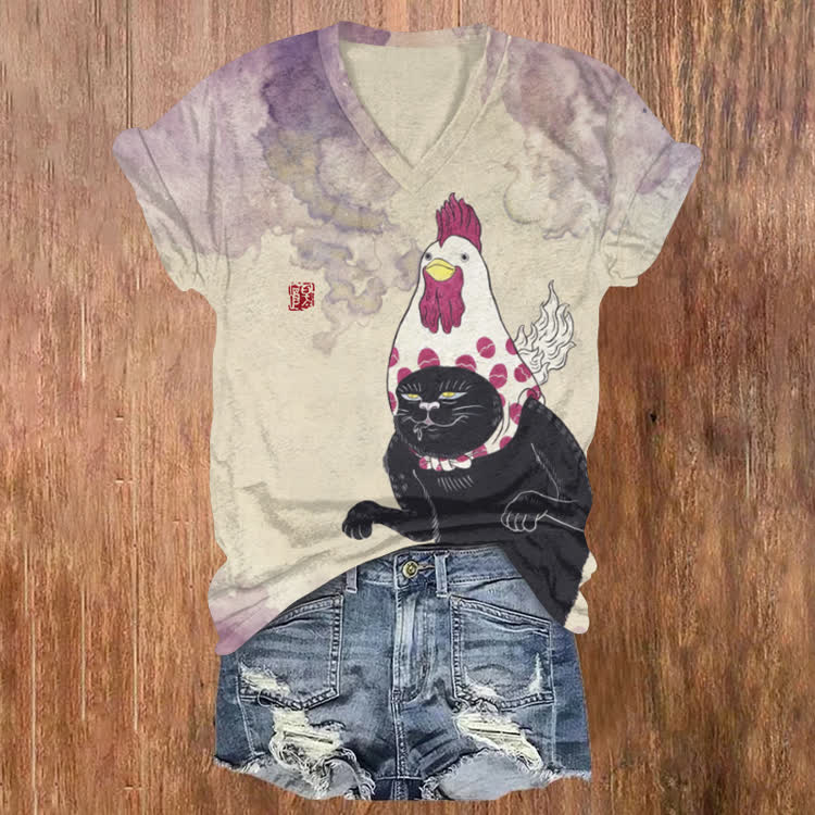 Japanese Funny The Sneaky Cat Pattern Print Short Sleeved V-neck T-shirt - Apricot - US32-34(5XL) - image 1