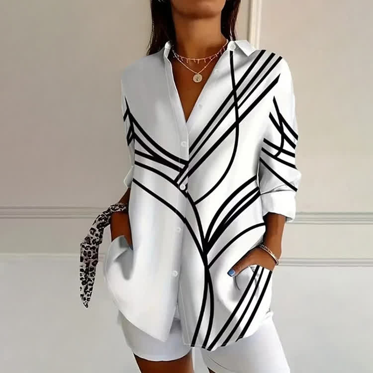 Casual Abstract Line Print Long Sleeve Blouse - White - 4XL - image 1