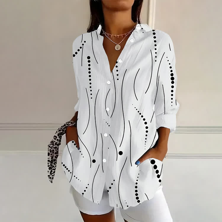 White Black Abstract Dot & Line Print Long Sleeve Blouse - White - 4XL - image 1