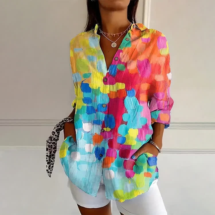 Colorful Abstract Watercolor Print Long Sleeve Blouse - Multicolor - 4XL - image 1